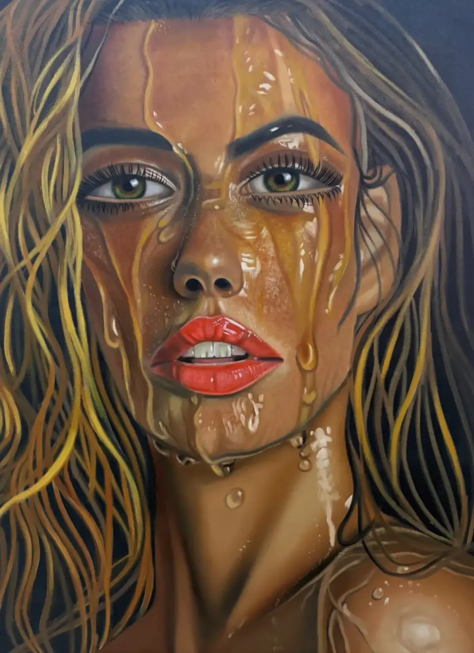Oil portrait of a woman with golden honey running down her face and hair, lips parted, looking straight out