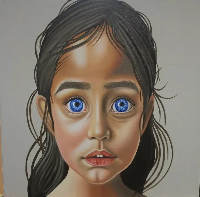 Oil portrait of a young girl with huge blue eyes, dark hair and red lips, on a plain grey ground