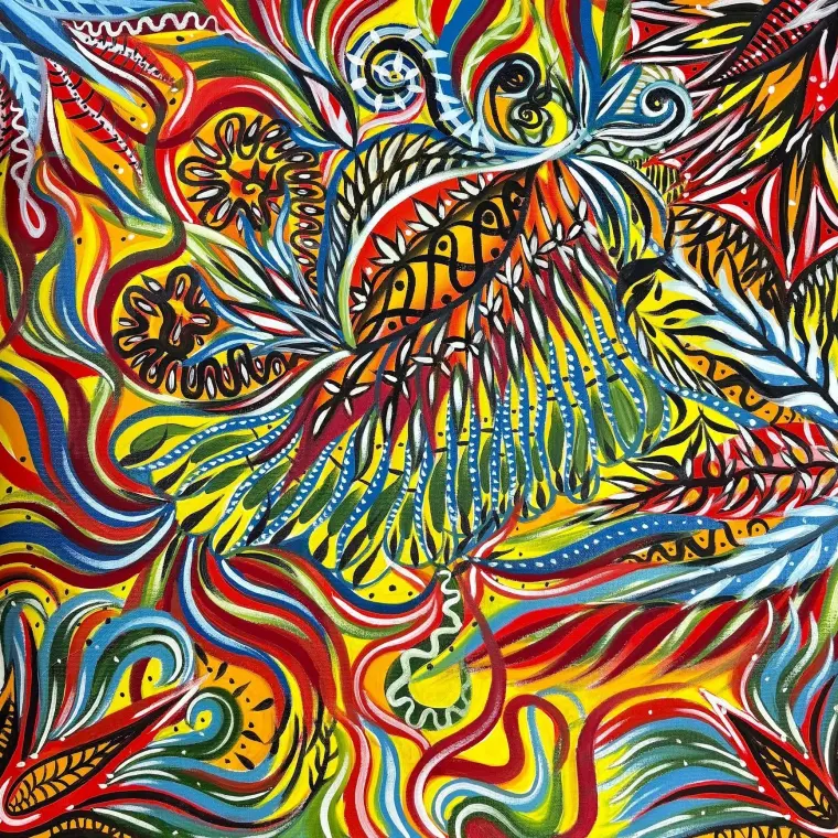 Abstract oil painting of swirling red, yellow, blue and green brush patterns, flowers and feather shapes