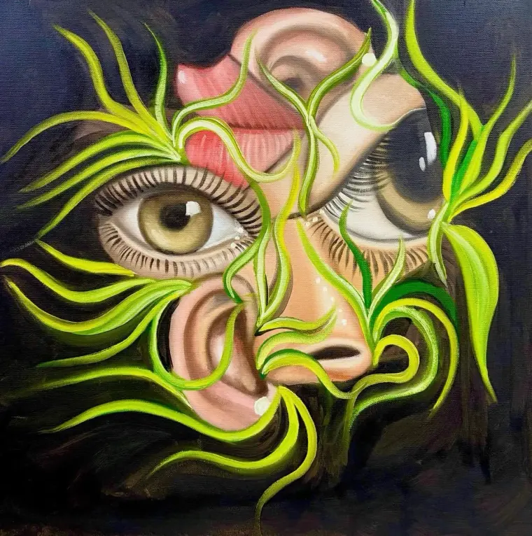 Surreal oil painting of a face broken into eyes, lips and an ear, threaded with glowing green leaves on black