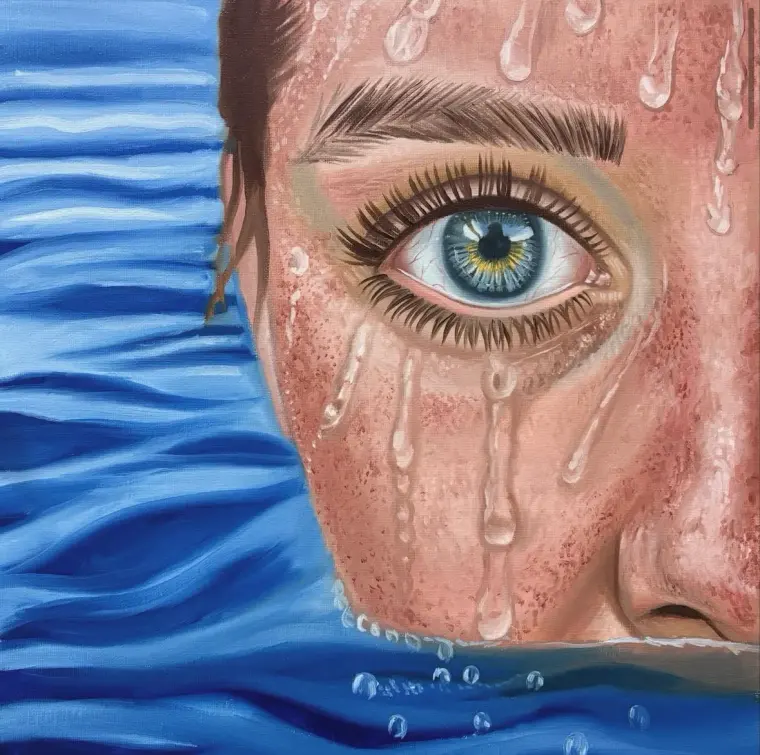 Oil painting of a woman's face with water running down it, one blue eye open, beside rippling blue water