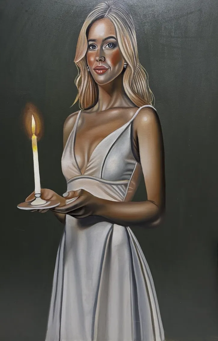 Oil painting of a blonde woman in a pale satin gown holding a lit candle, against a dark green wall