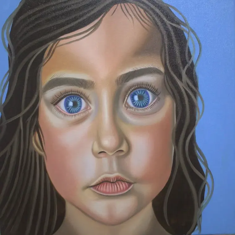 Oil portrait of a young girl with large blue eyes and long wavy hair, against a bright blue ground