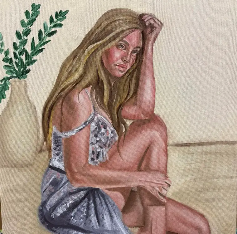 Oil painting of a woman with long blonde hair seated in a sequined slip, a plant in a vase beside her