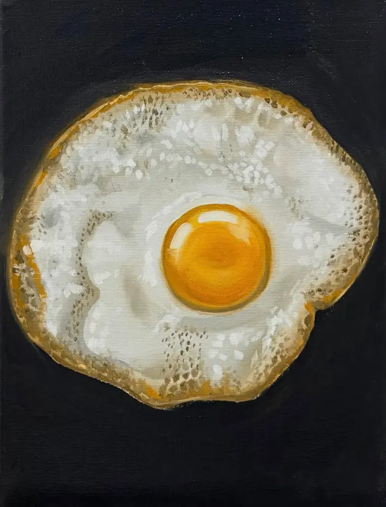Oil painting of a fried egg with a bright yolk and crisp golden edges on a black ground