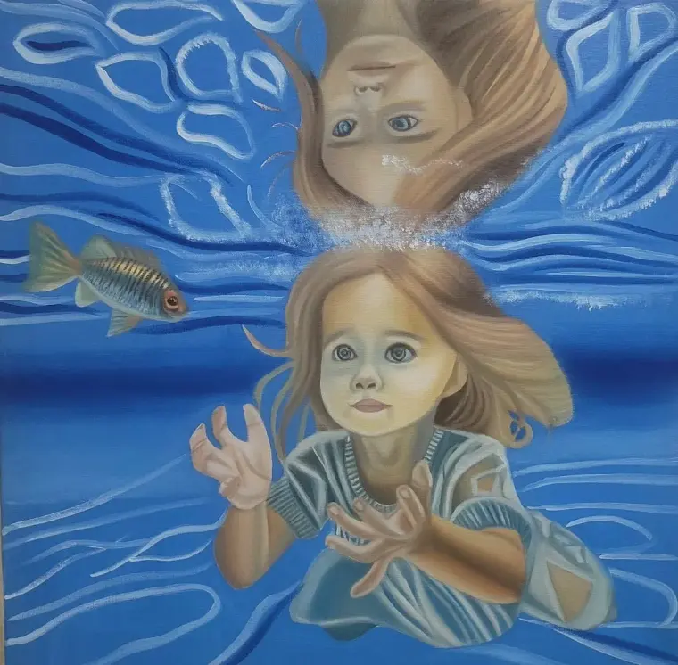 Oil painting of a little girl swimming underwater beside a fish, her reflection mirrored above the blue surface