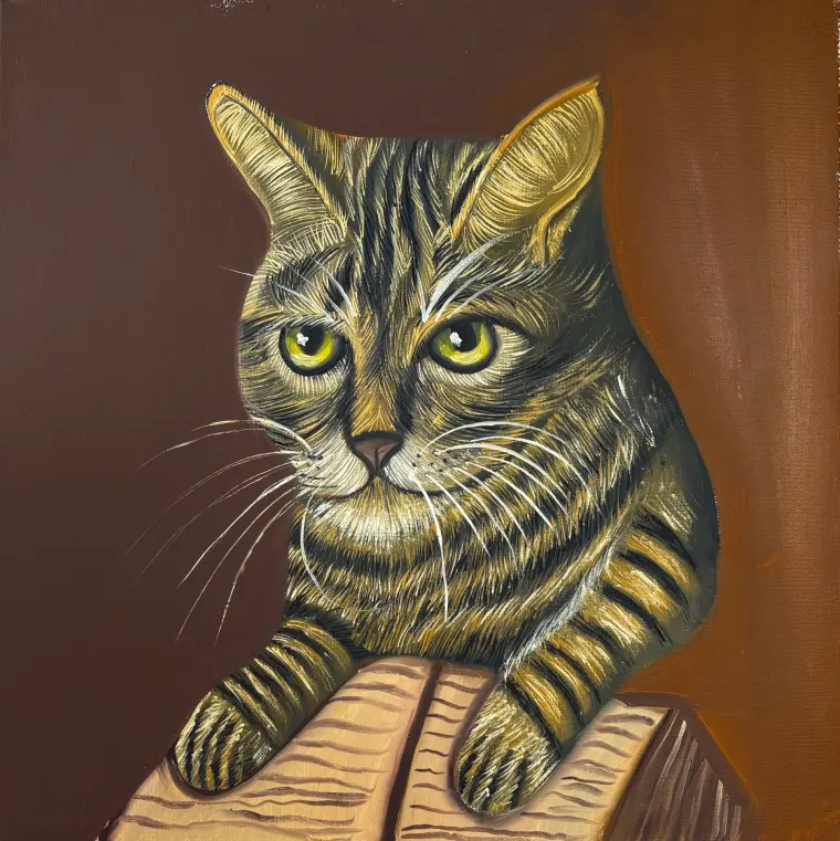 Oil painting of a tabby cat with yellow-green eyes resting its paws on a wooden surface, on a brown ground