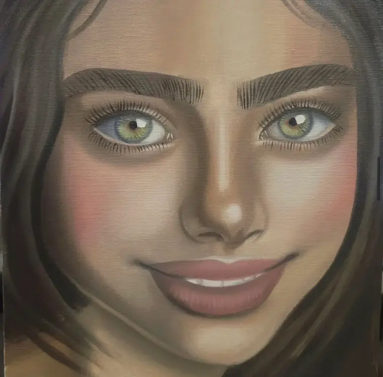 Close-up oil portrait of a smiling young woman with green eyes, thick brows and long dark hair, 12 × 16 in