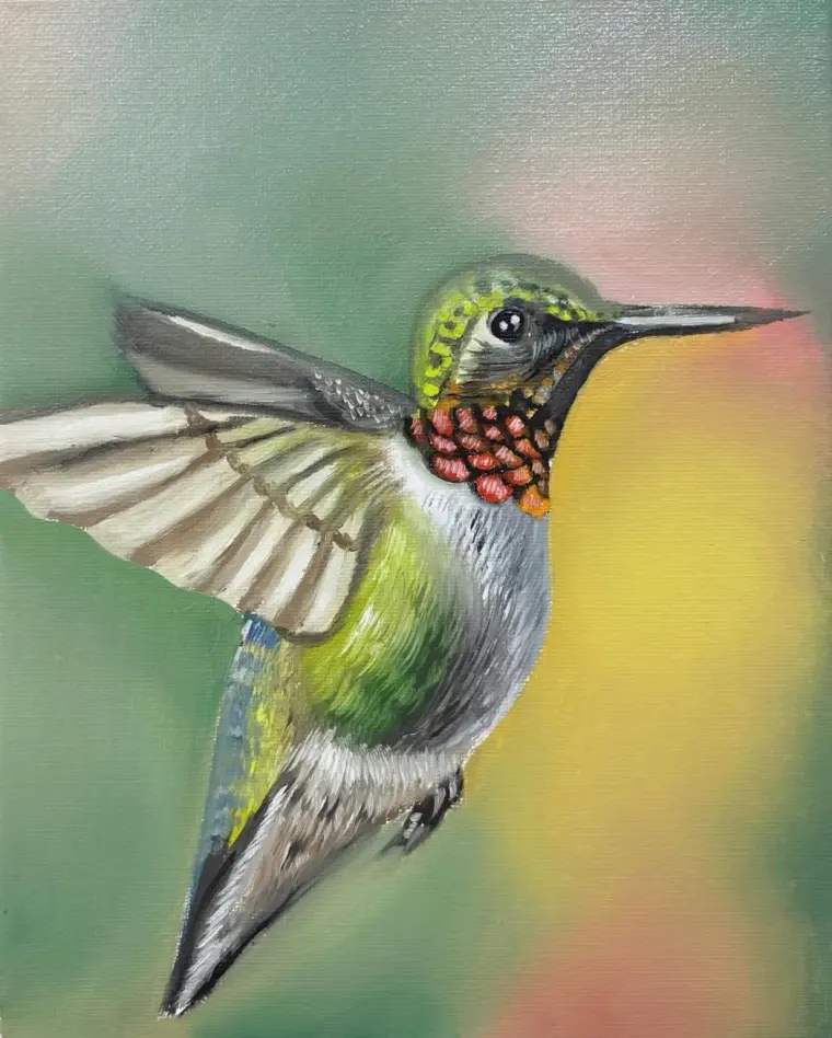 Oil painting of a hummingbird in flight with a green back and red throat, against soft green and pink, 8 × 10 in