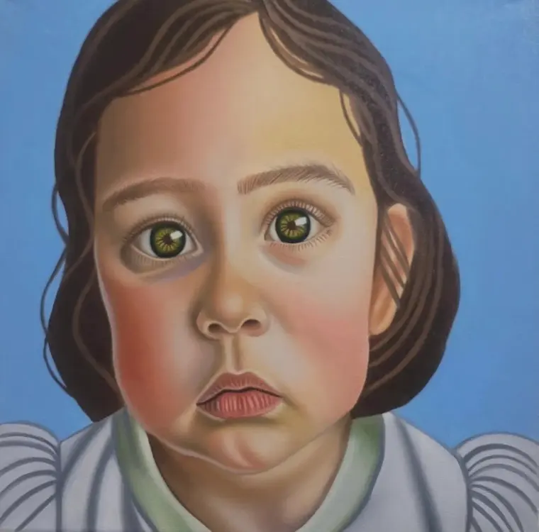Oil portrait of a toddler with round cheeks, amber eyes and a white ruffled collar, on a blue ground, 20 × 20 in