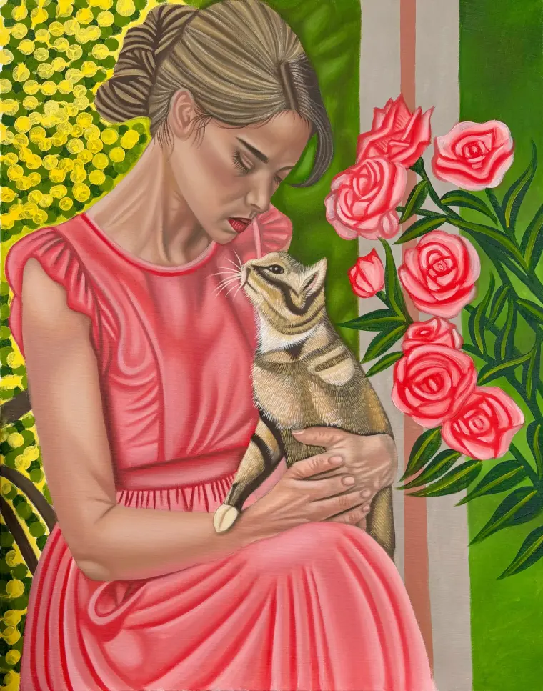 Oil painting of a woman in a pink dress holding a tabby cat, pink roses and yellow blossoms around her, 24 × 30 in