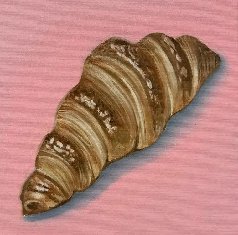 Oil painting of a single golden croissant casting a soft shadow on a pink ground, 9 × 12 in
