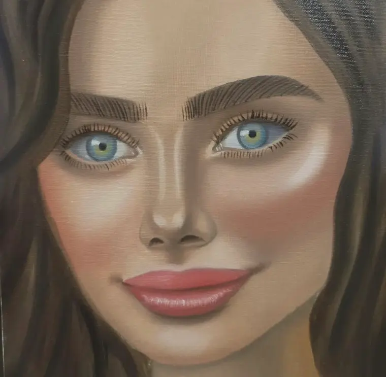 Close-up oil portrait of a woman with blue-green eyes, dark hair and pink lips, softly smiling, 12 × 16 in