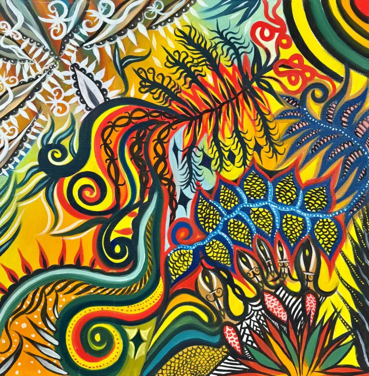 Abstract oil painting of swirling black, red, yellow and blue forms, with feather and leaf shapes, 20 × 20 in
