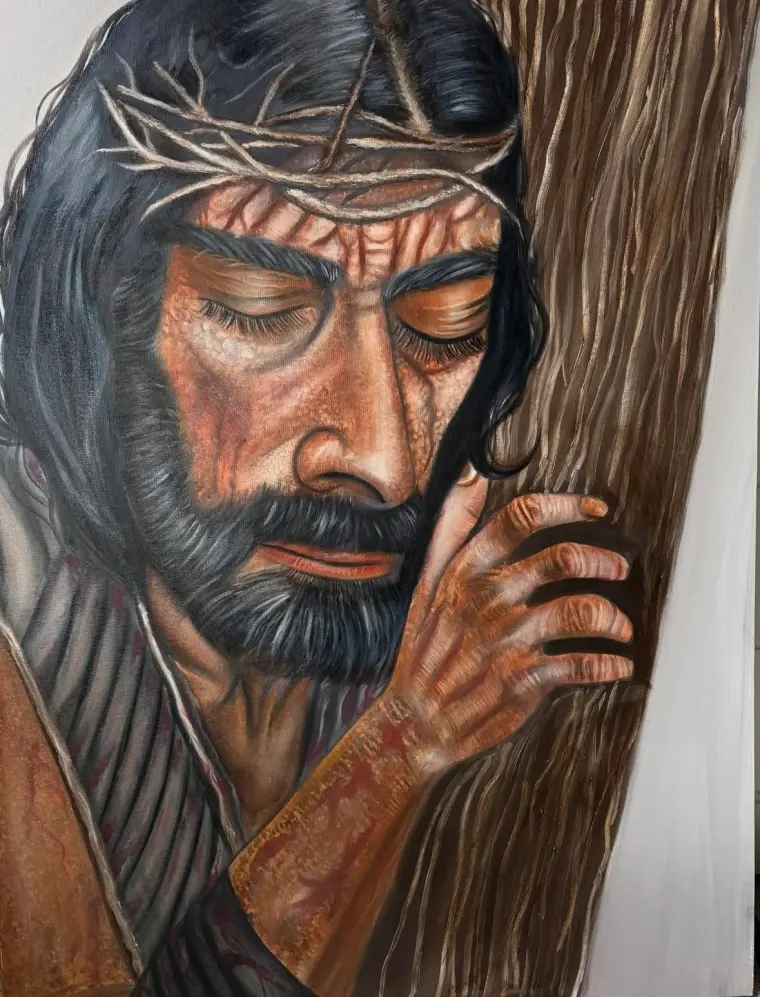 Oil painting of a bearded man in a crown of thorns, eyes closed, leaning against a wooden beam, 36 × 48 in