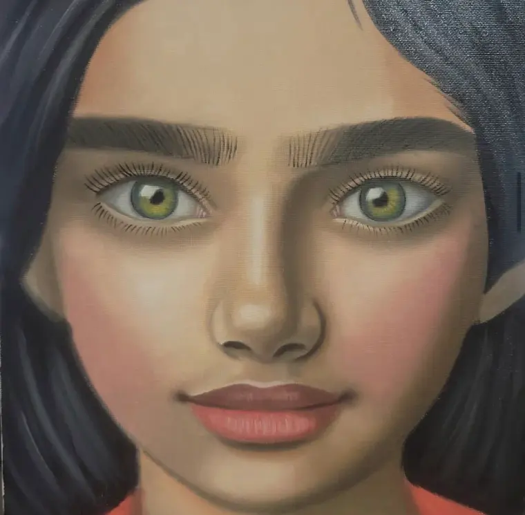 Close-up oil portrait of a girl with green eyes, dark hair and soft pink cheeks, 12 × 16 in