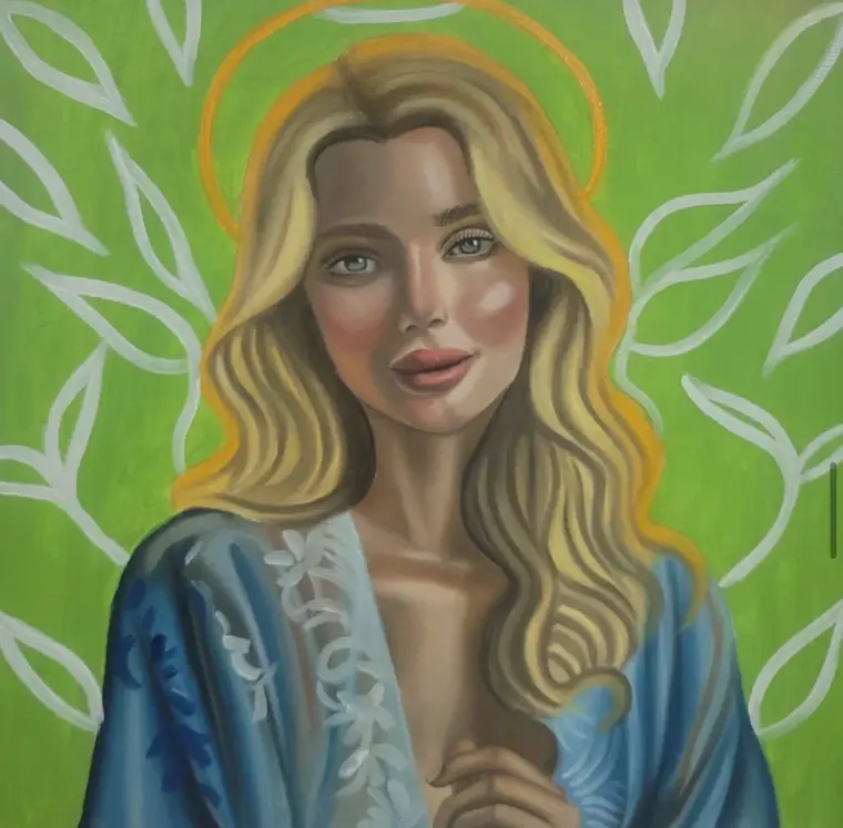 Oil portrait of a blonde woman with a golden halo in a blue robe, white leaves on a green ground, 20 × 20 in
