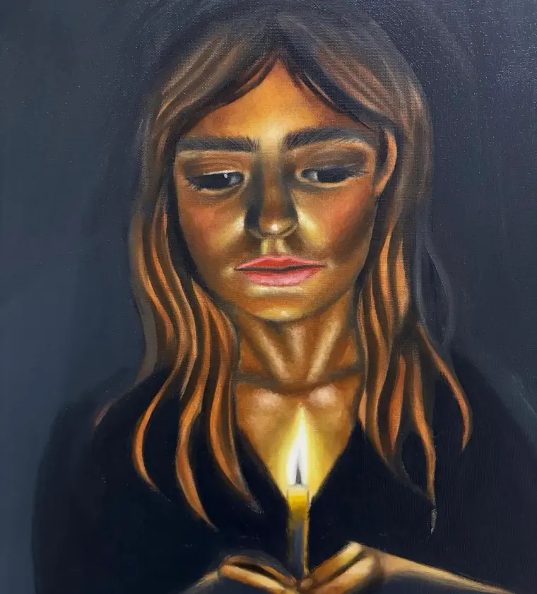 Oil portrait of a young woman lit from below by a candle held in her hands, on a dark blue ground, 20 × 20 in