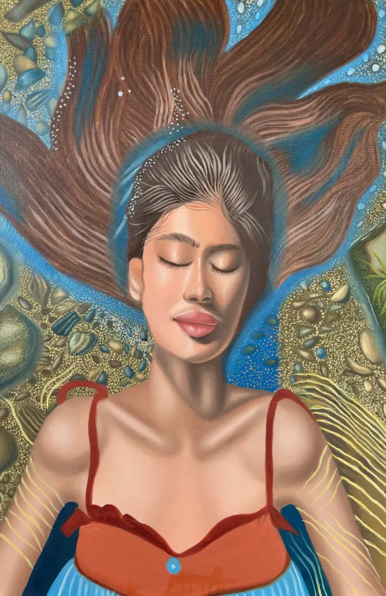 Oil painting of a woman lying with eyes closed, her long auburn hair spread out over blue and gold, 20 × 30 in