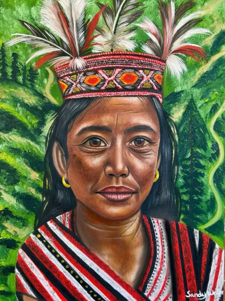 Oil portrait of a woman in a woven headdress topped with tall feathers, a red striped garment, green pines behind, 16 × 18 in
