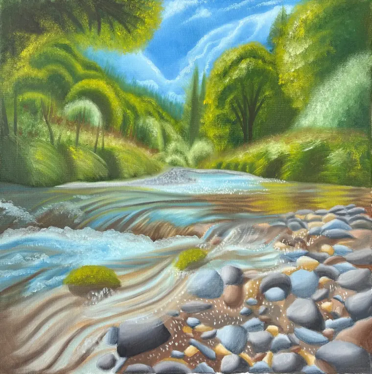 Oil painting of a river rushing over smooth stones, green wooded hills and a blue sky behind, 20 × 20 in