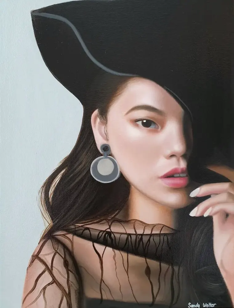 Oil portrait of a young woman under a wide black hat, one hand at its brim, a large round earring at her ear, 12 × 16 in