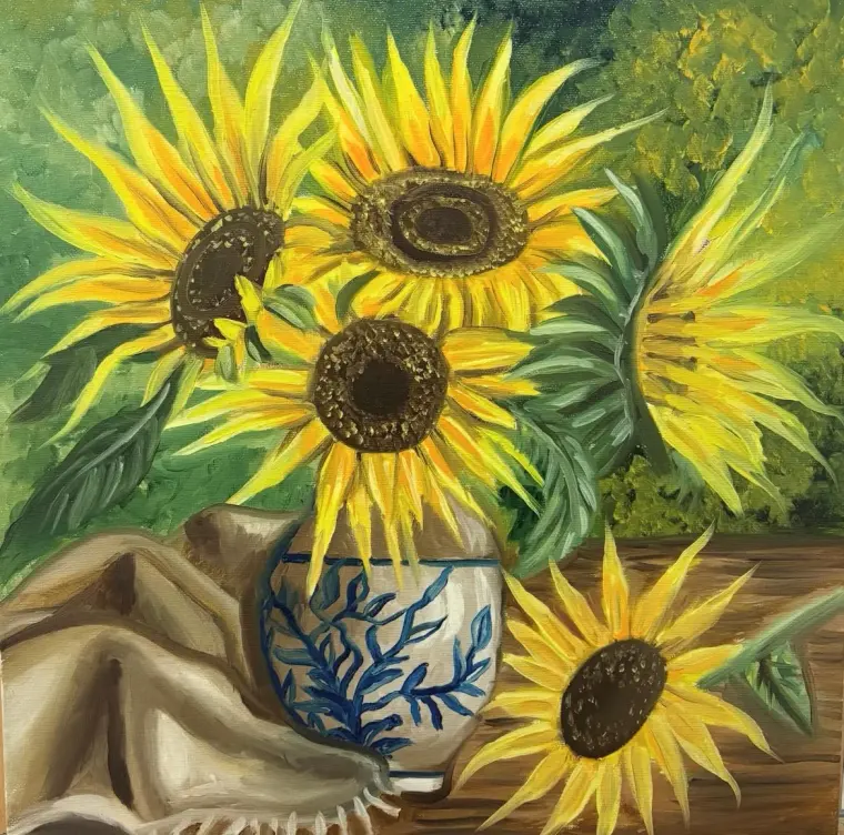 Oil painting of yellow sunflowers in a blue and white vase on a wooden table, a cloth beside it, 15 × 15 in