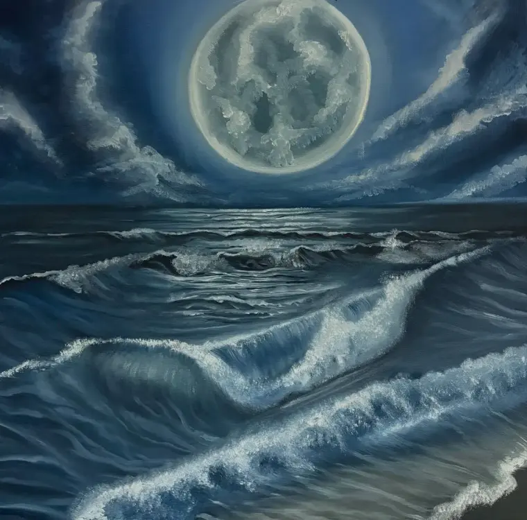 Oil painting of a full moon over a dark sea, with white-capped waves rolling toward the shore, 20 × 20 in