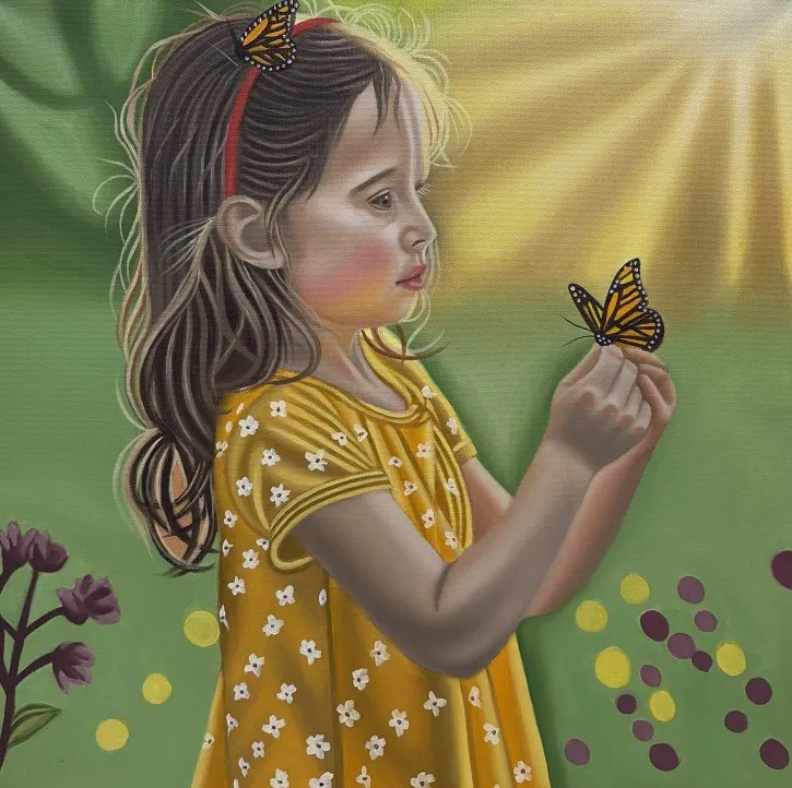 Oil painting of a little girl in a yellow flowered dress holding a butterfly in a sunlit meadow, 20 × 20 in
