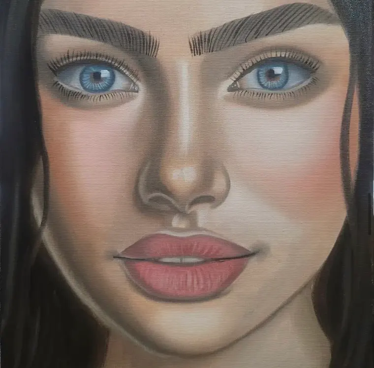 Close-up oil portrait of a woman with pale blue eyes, strong dark brows and full pink lips, 12 × 16 in