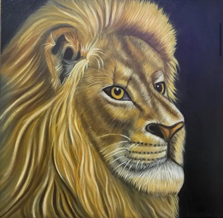 Oil painting of a lion's head in profile with a flowing golden mane, against a dark blue ground, 20 × 20 in