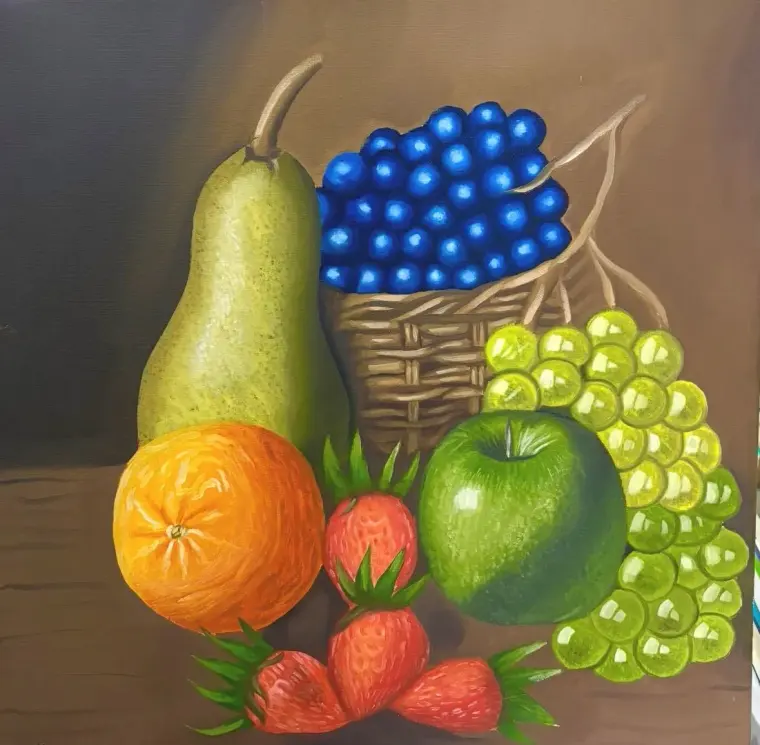 Oil still life of a pear, an orange, a green apple, strawberries, green grapes and a basket of blueberries