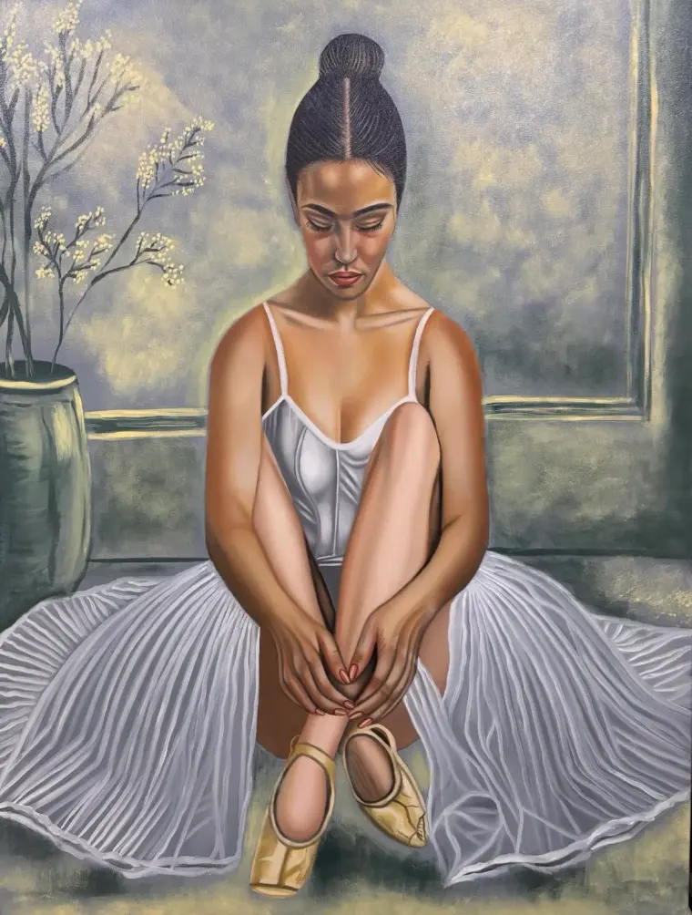 Oil painting of a ballerina in a white tutu seated on the floor, hugging her knees, head bowed