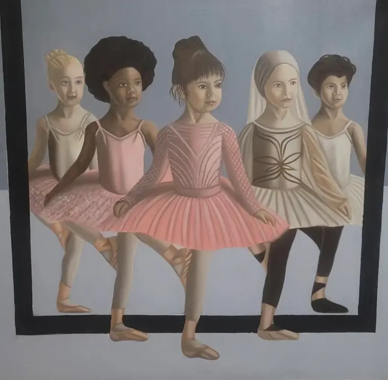 Oil painting of five young ballerinas in pink and white tutus standing in a row inside a black frame