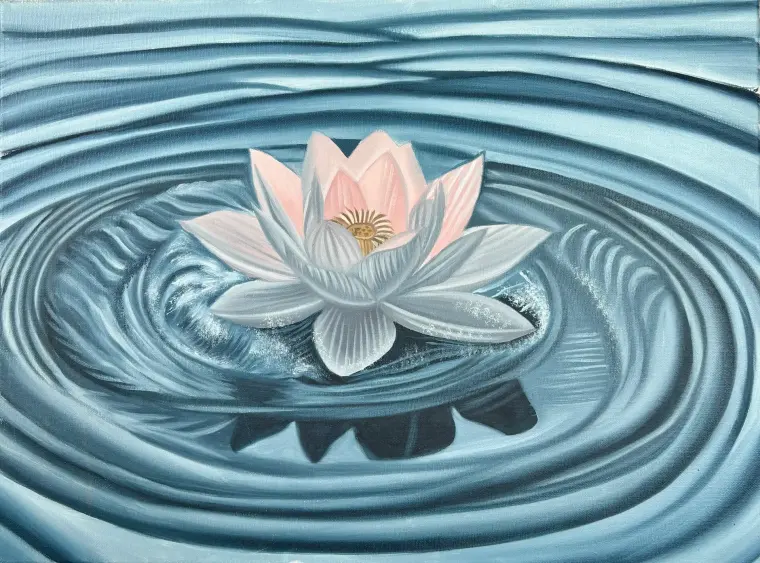 Oil painting of a pale pink lotus flower floating on rippling blue-grey water
