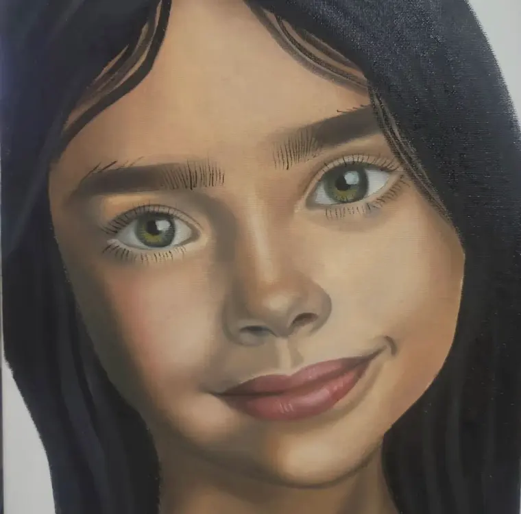 Close-up oil portrait of a smiling girl with green eyes and long dark hair