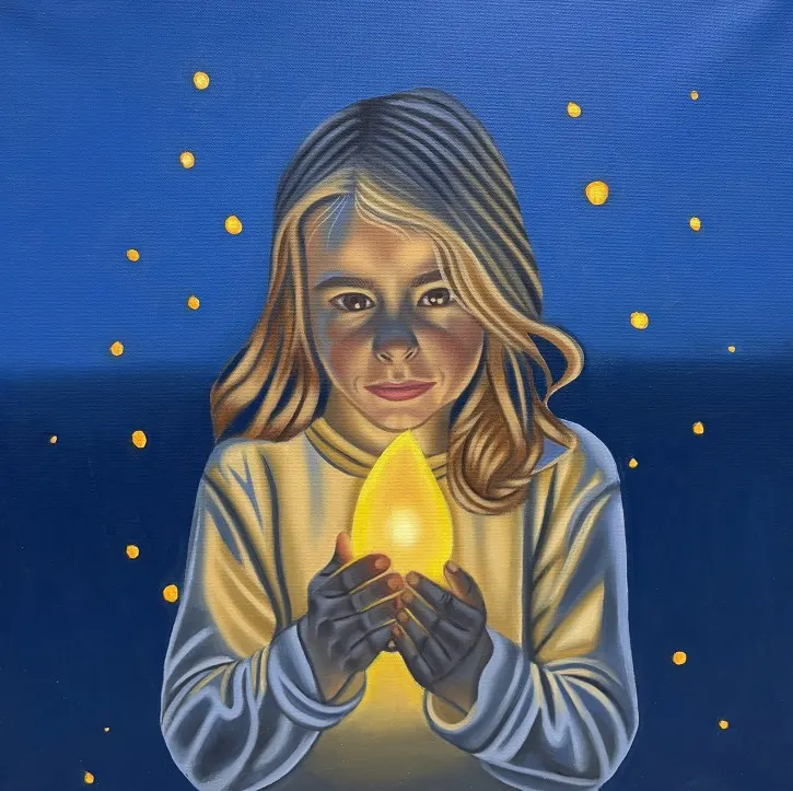 Oil painting of a girl in a white sweater holding a glowing golden light, small lights on deep blue