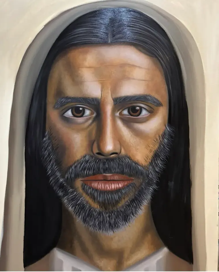 Oil portrait of a bearded man with long dark hair, framed by a pale arch, looking straight out