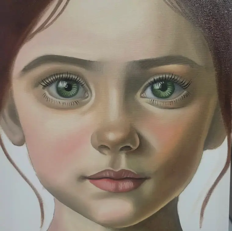 Close-up oil portrait of a girl with green eyes, auburn hair and pink lips, on a pale ground