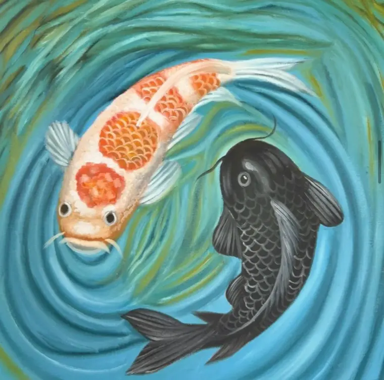 Oil painting of an orange-and-white koi and a black koi circling in swirling turquoise water