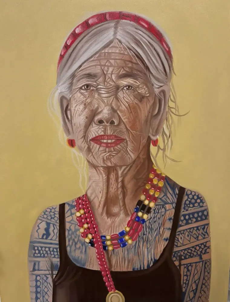 Oil portrait of an elderly woman with tattooed arms and a red beaded necklace, on a yellow ground