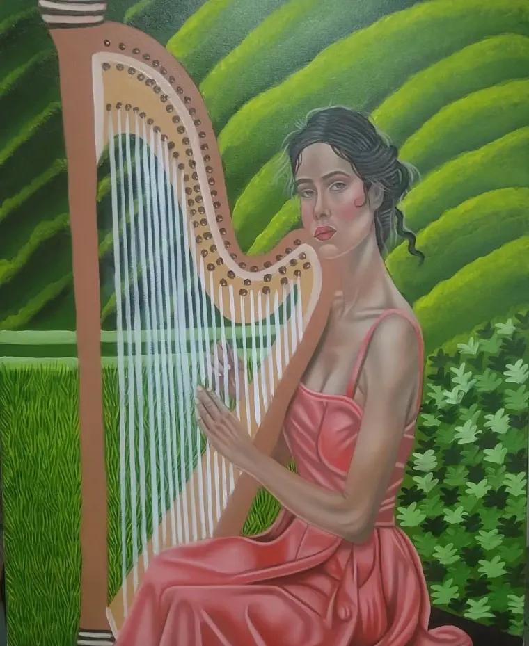 Oil painting of a woman in a coral dress playing a harp, green terraced hills behind her