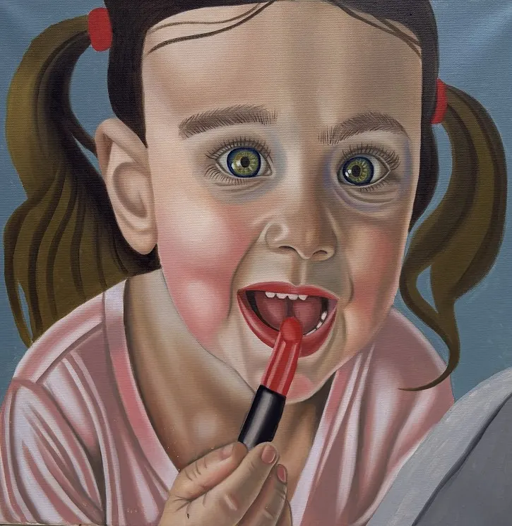 Oil portrait of a little girl in pigtails putting on red lipstick, her mouth open in delight